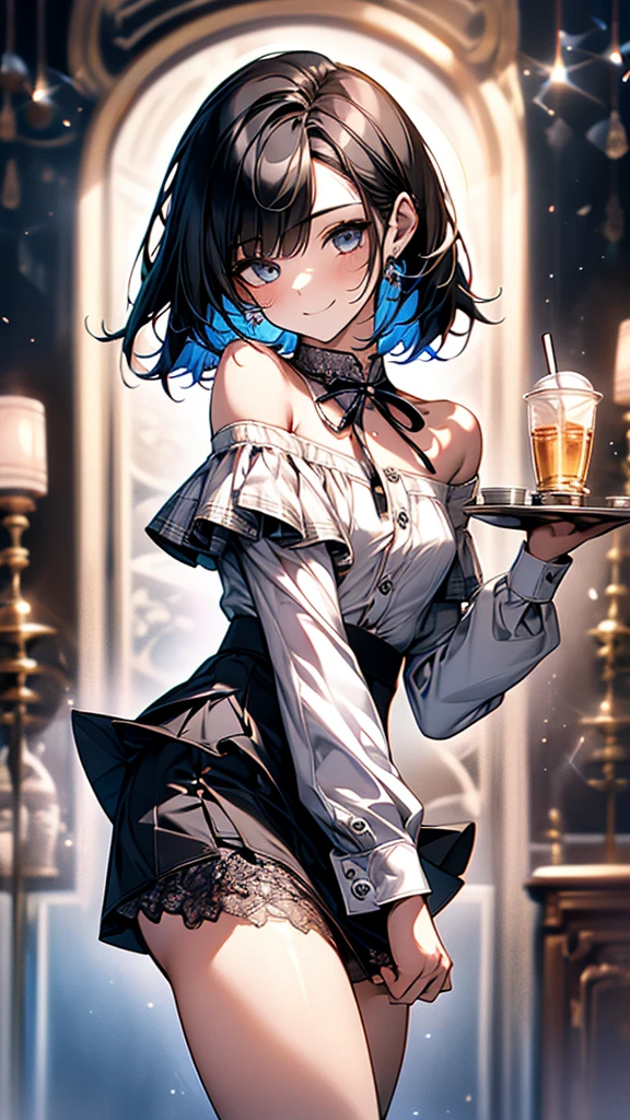 Best Quality, 1boy,Androgynous male,(Flat Chest:1.3),Black Hair,Short Bob Cut,(Off-the-shoulder blouse),Lace neck top,Long sleeve,Ribbon on wrist,(Checked mini skirt:1.5),Ribbon on waist,Vertical striped tights,Smiling Kindly,smile,Portraits, Inside a quiet cafe:1.5,(Hold a tray with cups:1.5),autumn,Detailed cloth texture,6 heads