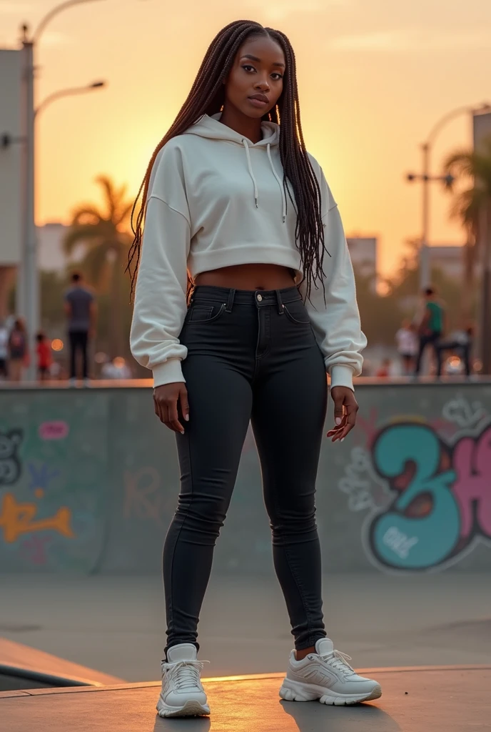 her name is Jamila, high quality, 1girl, ((20-year-old fit black woman)), ((25 years old)), ((slim)), long hair, pose: standing, wearing stylish fashionable Generation-Z modern wear different colored, BACKGROUND: outside: la union sea bay