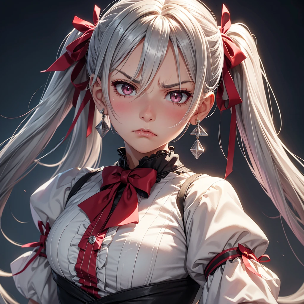 (masterpiece, best quality:1.4), 8k, Close Up, White Hair, Eye Covering Twintail Hair, Make Up, Red Eyeliner, Red Ribbon Hair, Light skinned, Young adult, anime girl, No Emotions, Calm, Kuudere, light Red Eyes, Big chest, White Turtleneck, In Apartment (detailed eyes and face, sharp pupils, realistic pupils:0.6)
