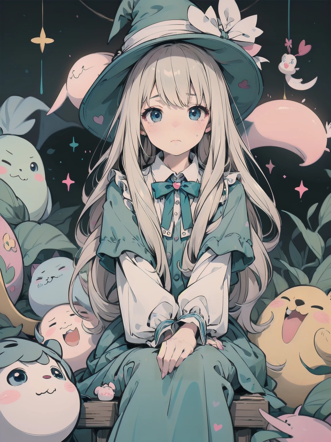 🎶, (🧙‍♀️), ✡, ✨(hat), , Alice in Wonderland, Alone, very beautiful, cute, adorable, embarrassed, alone, blue eyes, look at viewer, looking up, kawaii tech, pastel colors, kawaii, cute colors, Alice in Wonderland, alone, very beautiful, cute, adorable, embarrassed, alone, blue eyes