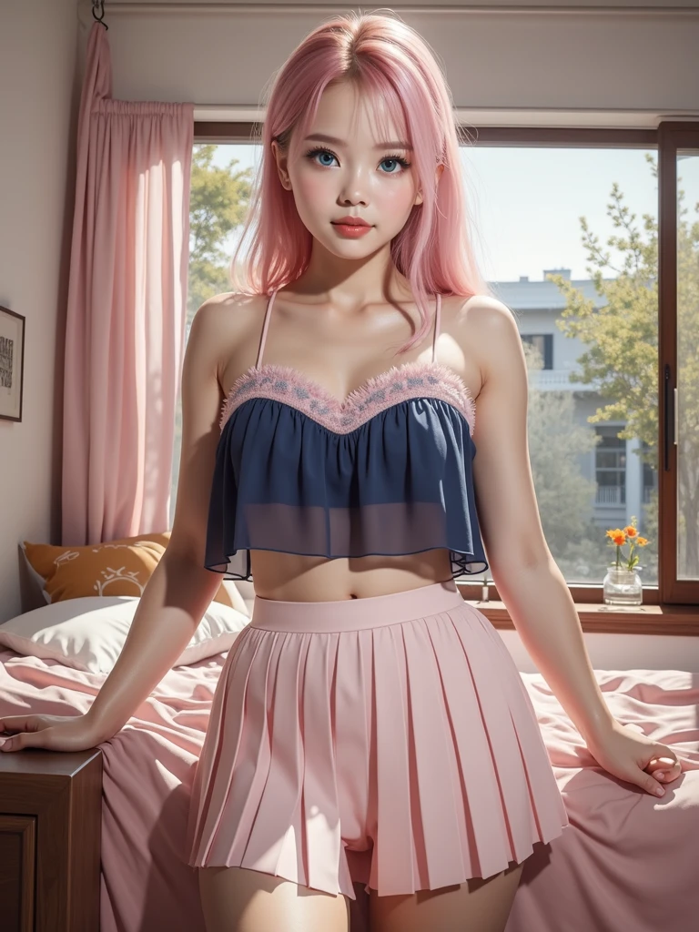 finedetail, Surreal photo,
A 26-year-old female,Pink Long Hair,hair adornments,ear jewelry,Big breasts Thin waist,Slim,effeminate,Background bokeh,鎖骨,Both shoulders
Full face blush,Moaning,Shy,pain,torogao,Naughty, Silly,
criss-cross halter,choker necklace,
obi strip,Pink shoulder bag,
frilld ,lace-trimmed,
whitet-shirt,
upper legs,pleatedskirt,Beds,pillow head,Armpits