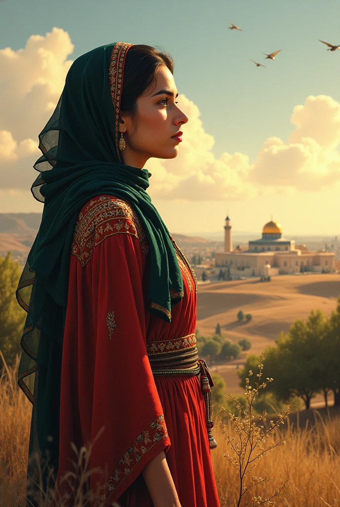 (best quality,4k,8k,highres,masterpiece:1.2), ultra-detailed, realistic:1.37, young Hijabi Palestinian woman, gazing out, sprawling landscape, ancestral homeland, deep connection, longing for freedom, detailed eyes and face, traditional clothing, vibrant colors, sunlight streaming through, gentle breeze, serene atmosphere, golden hour lighting, breathtaking beauty, pride in heritage, hopeful expression, peaceful coexistence, unity, sense of belonging, rolling hills, lush greenery, blooming wildflowers, ancient olive trees, timeless beauty.