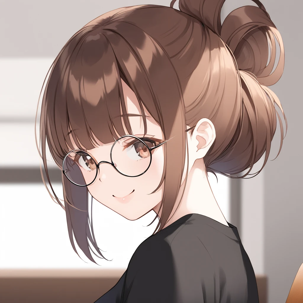 white girl, highly detailed black round glasses, black top, brown eyes, hair up, brown hair color, smiling, bangs, cartoon