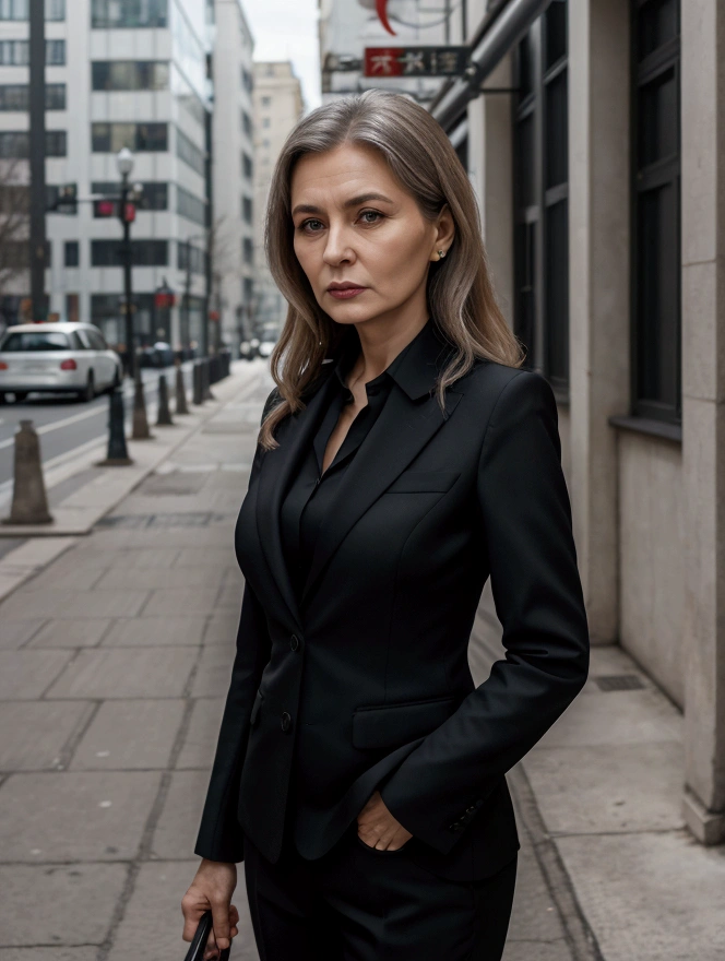 SHIU IRISHA Russian woman 50 years old in the city portrait photo in suit amzonka