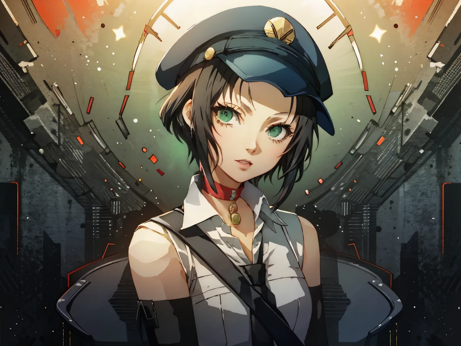 MarieP4, headshot, black hair, bright green eyes, forehead, red choker, solo, hat, short hair, red choker