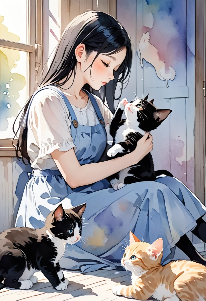 20-year-old,Black Hair Beauty, Cute cat and her kittens, Mother cat feeding her kitten with milk, Watercolor-style, gentle colors,Subtle and dynamic textures, Light and shadow contrast, 2.5D, Super detailed, The absolute solution, Highest quality