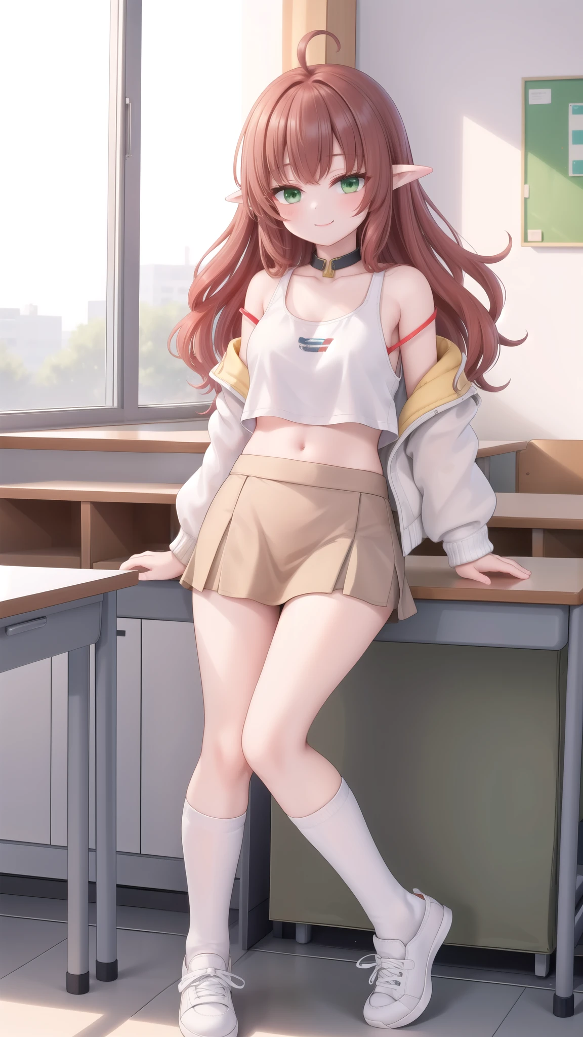 ((masterpiece)),(best quality),official art,extremely detailed CG,unity 8k wallpaper,ultra detailed,1girl,Alone,upper body,(portrait:1.2),long_hair,pointy_ears,ahoge,green_eyes,white_footwear,navel,skirt,shoes,smile,red_hair,midriff,white_jacket,off_shoulder,looking_at_viewer,long_sleeves,tank_top,grey_socks,brown_hair,sleeves_past_wrists,open_clothes,bangs,shirt,classroom，White sweatshirt，White knee socks