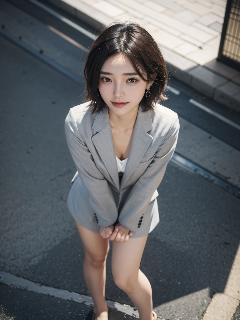 (Surreal), (Awareness-raising), (High resolution), (8k), (Very detailed), (The best Awareness-raisingns), (Beautiful and fine details), (Highest quality), (Ultra-detailed), (masterpiece), (wallpaper), (Detailed face), Droopy eyes,Sweaty, whole body, whole body, Long legs,Underarm,short hair,Colored inside,alone, Large Breasts, Cleavage, Japanese, huge 、Laughter, Wearing a grey blazer, Grey short skirt, Office Uniforms, Neon-lit street, legs apart、 True Face、 sit、 I can see her panties、