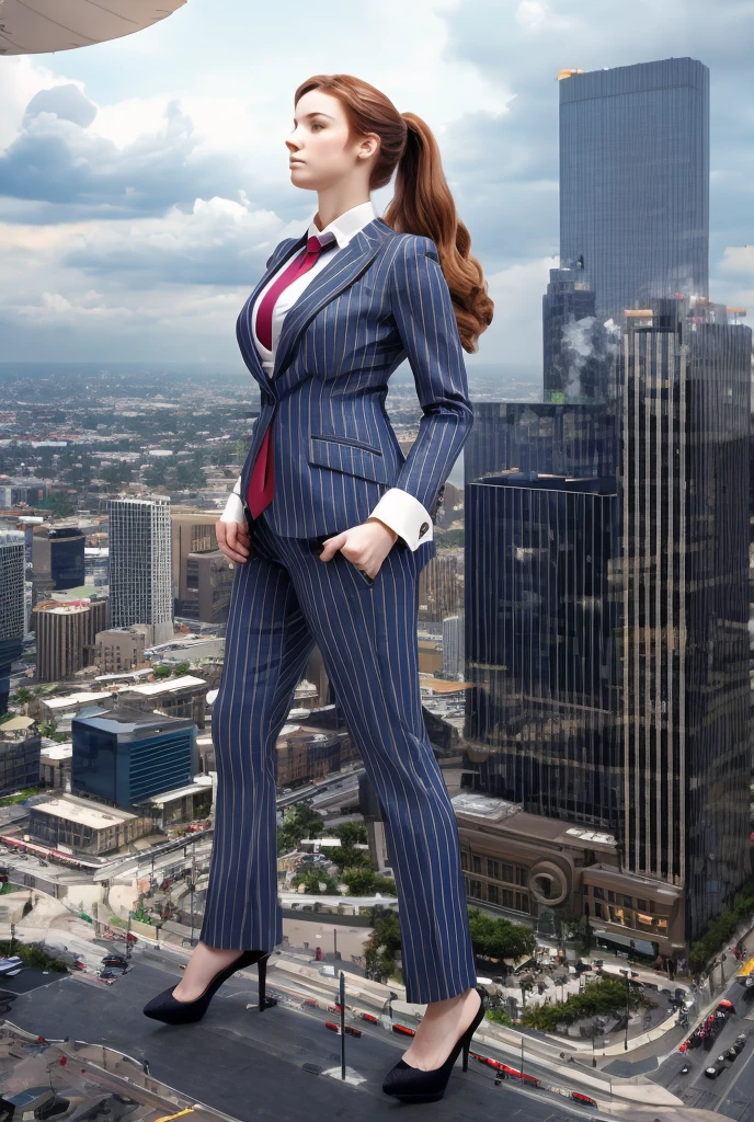 Giantess art, tera giantess in distance walking on countries, young women with beautiful curves, massive thighs, ginger hair, lipstick, wearing a perfect form-fitting loght grey pinstripe trouser suit and blazer, crisp white shirt with large spread collar, large blade width Windsor knot blue tie, with massive breasts. She is wearing platform high heels A towering woman looking at viewers, Her toned and she lean and slender body. She seems to be casually strolling through the bustling cityscape of LA City, as towering buildings loom overhead. Smoke and clouds roil around her, adding to the sense of epic scale and drama. The lighting is dark, gloomy, and realistic, creating a tense and ominous atmosphere. The perspective is from below, emphasizing the sheer majesty and power of the A towering Giantess. This image is highly detailed, photorealistic, best quality, a masterpiece, with cinematic lighting, ultra-detailed, long ponytail hair with front bangs, high altitude photography, satellite view, a curvy figure, heaving bosom, legs, a stepping on mulitple mega city,, destruction, buildings, roads, a cloudy, overcast, hazy atmosphere, and wispy clouds. Pov