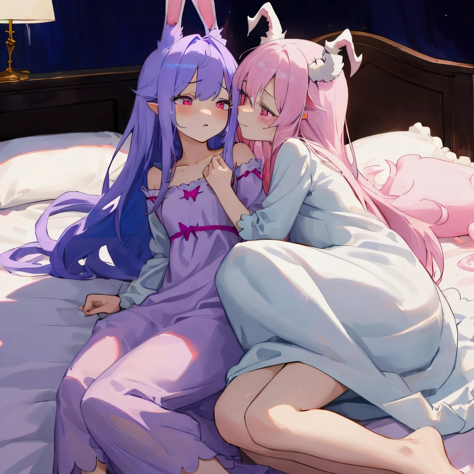 Close-up,Highest quality, Ultra Detail, High-quality CG rendering, The most delicate and beautiful, Floating softly, High resolution, (1 girl), (Highest quality,4K,8k,masterpiece:1.2) ,Light purple hair,(Bunny ears:1.5),(Long Hair:1.4),Red eyes,(Completely naked:1.5),room,Upper Body,(Collapsed in bed:1.5),Defeated,,(Slightly larger breasts:1.2),Sleep,Are sleeping,(front:1.2)