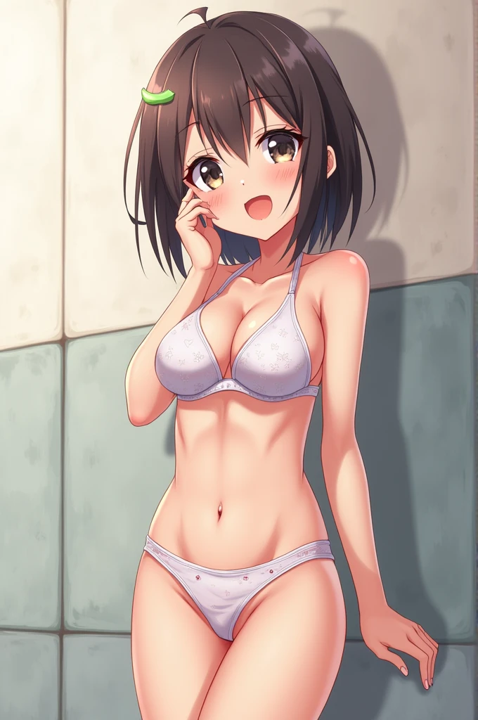 ritu tainaka、Detailed Description、high resolution、One Girl、Slender、Brown Hair、Medium Hair、(blush)、Troubled face、White bra、White panties、Leaning forward、Looking up、belly button