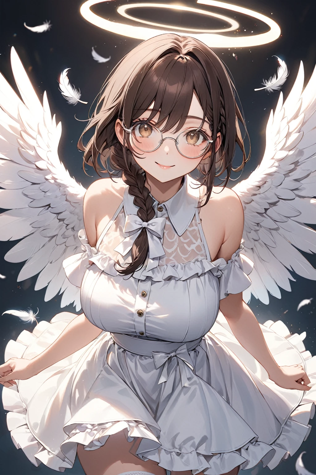 japanese anime style。illustratio。Fantasia。White feathers。girl with。A dark-haired。eye glass。undergarment。Fantastic background。Colossal tits。pubick hair。teats。a miniskirt。Shy。crouching down。Opening the crotch。