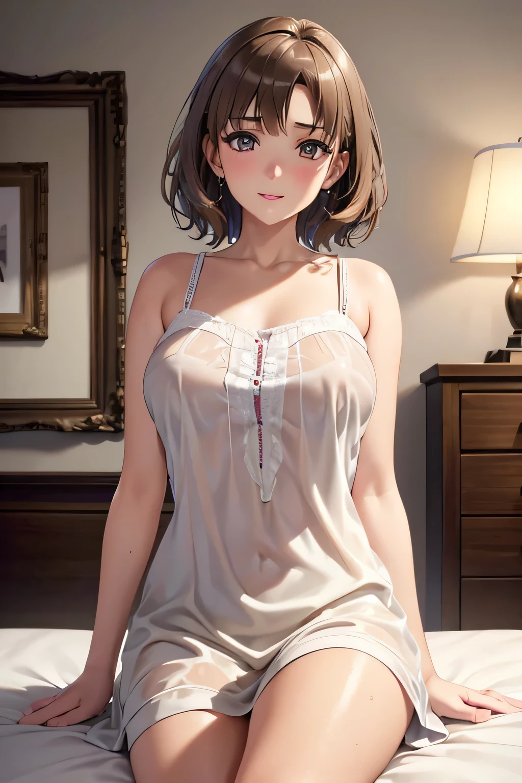 Shiny brown hair, short hair, (Beautiful brown eyes、Shining Eyes, fine grain)、smile、超Fine grain、Highly detailed face, Very Fine grain,Cowboy Shot、


((Best Quality, 8k, masterpiece: 1.3)), 
Beauty, Hide your face, 1 female, beautiful: 1.3, 
 Camisole, Clevis,short , (Sitting on the bed), 
 Highly detailed face, Highly detailed lips, Fine grain, Double eyelids, wet, sheer,