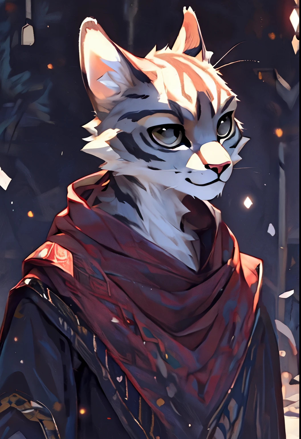 Khajiit, male, solo, body fur, portrait,, Skinny, lean, narrow shoulders, slender, sleek, ectomorph body, (masterpiece, best quality, absurdres, detailed, ultra-detailed:1.3), charming, (trending on CGSociety, trending on pixiv, contest winner:1.3)