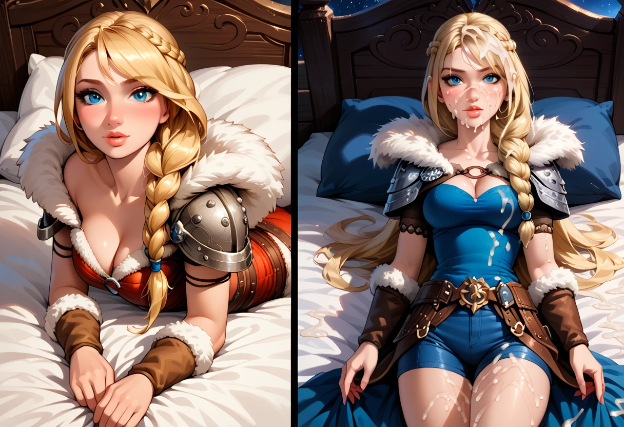 Dark Fantasy Art of score_9, score_8_up, score_7_up, rating_explicit, fantasy, lighting, epiCPhoto 1girl, solo, very sexy (ASTRIDHOFFERSON, blonde hair, braid, Long hair, blue eyes, fur trim, shoulder armor, armor, pauldron:1.2), cleavage, flirt, gaze, sexy look, half-closed eyes, head tilt, filled lips, thick lips, makeup, (interspecies, anthro:1.3), tall muscular dragon, tight shorts, modelling shoot, in bed, laying together, dark, moody, dark fantasy style, (midnight, moonless night:1.1). Bukkake, before and after, cum on face, cum, bukkake, two frames