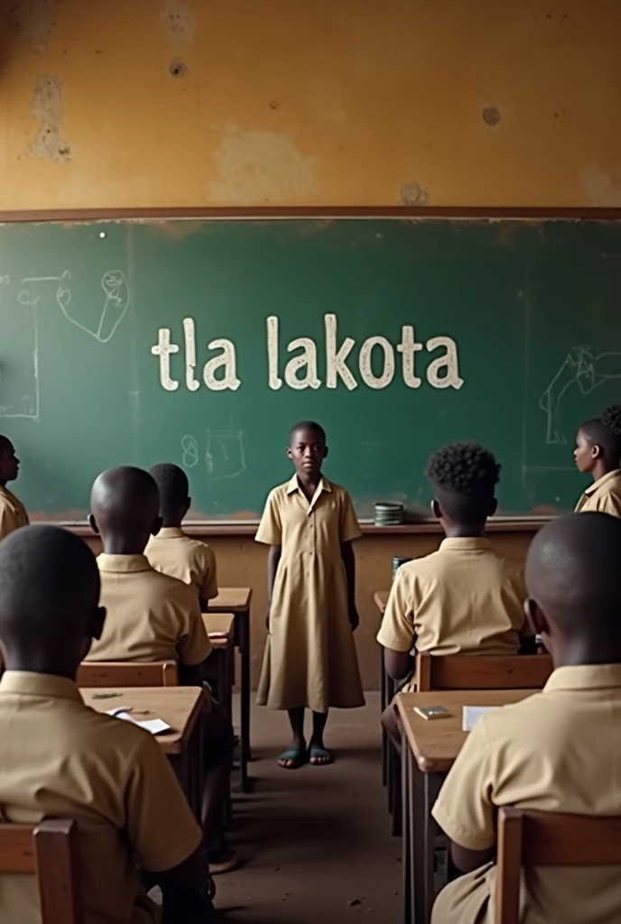 African child  seating in Class while One among them writing in Board. The board should countain the word CHOGO as heading 