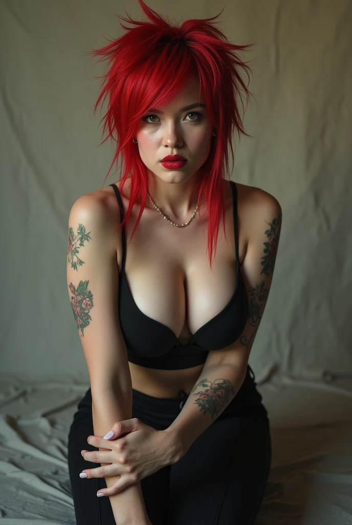 (Masterpiece, high quality, 4k) muscular goth woman, red and black hair, war paint, exposed breasts, bending over a chair