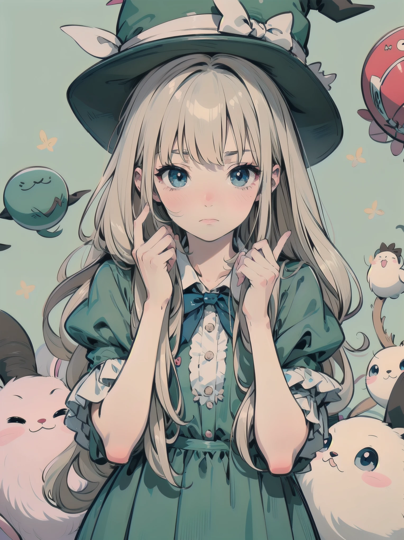 🎶, (🧙‍♀️), ✡, ✨(hat), , Alice in Wonderland, Alone, very beautiful, cute, adorable, embarrassed, alone, blue eyes, look at viewer, looking up, kawaii tech, pastel colors, kawaii, cute colors, Alice in Wonderland, alone, very beautiful, cute, adorable, embarrassed, alone, blue eyes