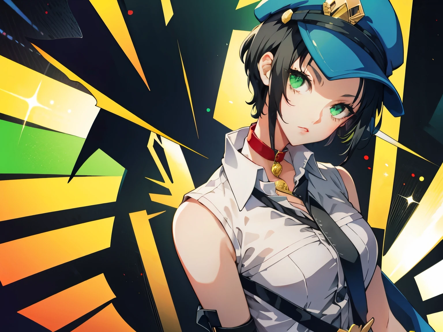 MarieP4, headshot, black hair, bright green eyes, forehead, red choker, solo, hat, short hair, red choker