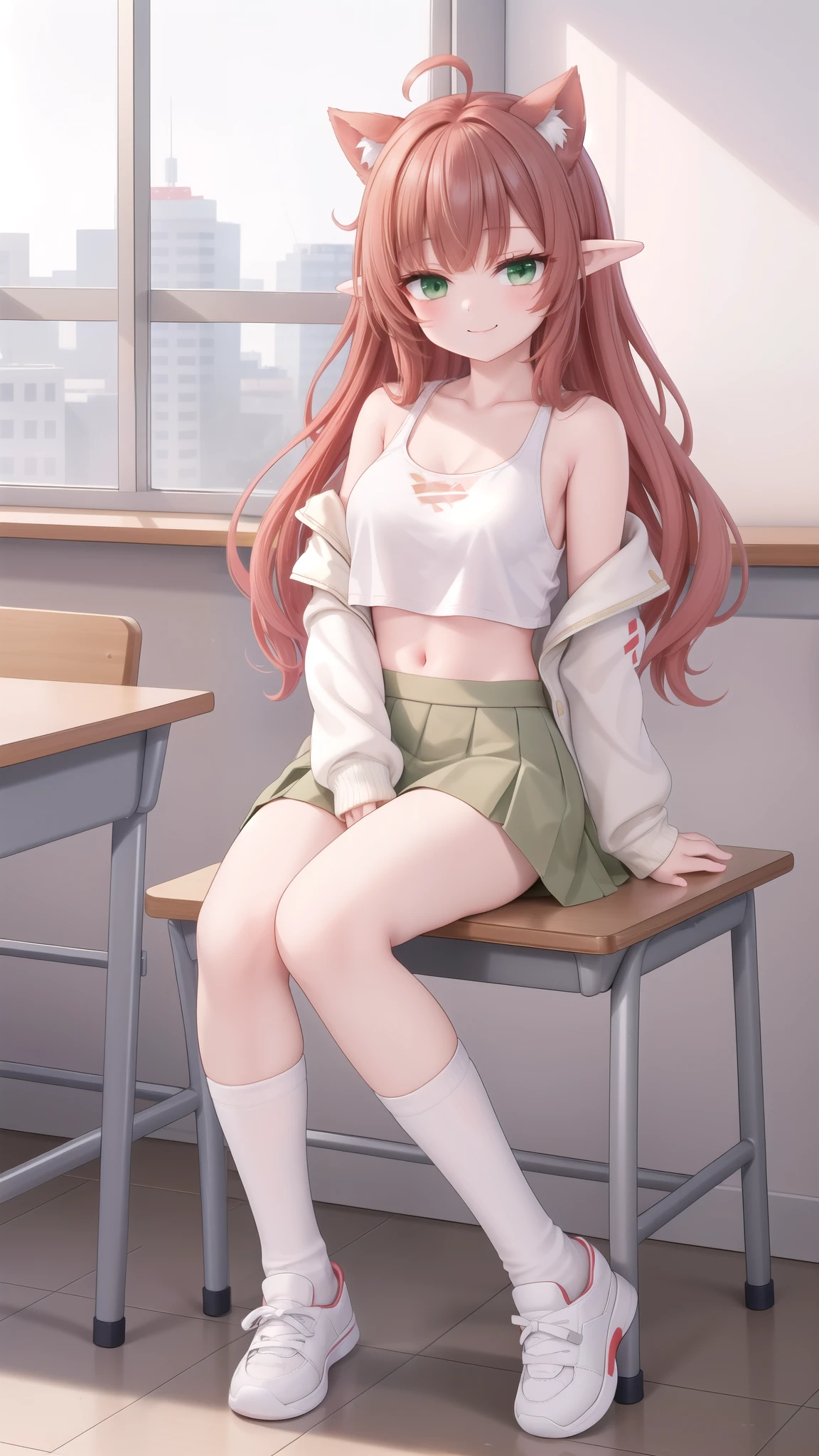 ((masterpiece)),(best quality),official art,extremely detailed CG,unity 8k wallpaper,ultra detailed,1girl,Alone,upper body,(portrait:1.2),long_hair,pointy_ears,ahoge,green_eyes,white_footwear,navel,skirt,shoes,smile,red_hair,midriff,white_jacket,off_shoulder,looking_at_viewer,long_sleeves,tank_top,grey_socks,brown_hair,sleeves_past_wrists,open_clothes,bangs,shirt,classroom，White sweatshirt，White knee socks