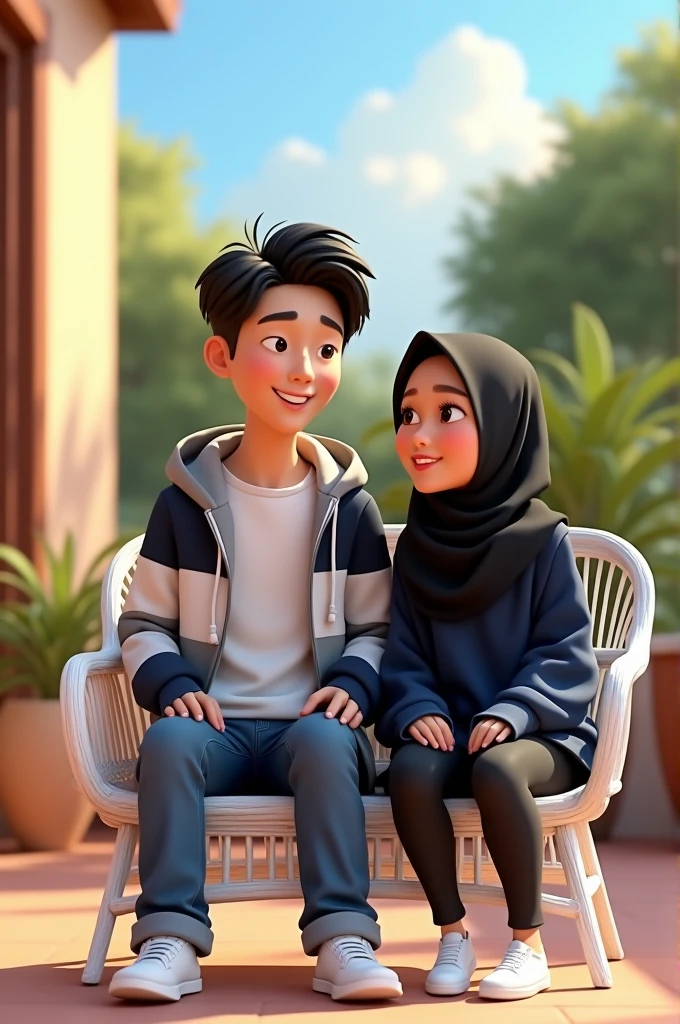 Disney Pixar poster that say character male with short Korean hair, smiling handsome, wear a long gray, white, navy striped Hoodie and blue jeans and white shoes sitting on a white rattan chair whit a woman with simple make-up and a hijab black wear a navy blue shirt and black jeans sitting to the left of the man on the terrace, 3D animation