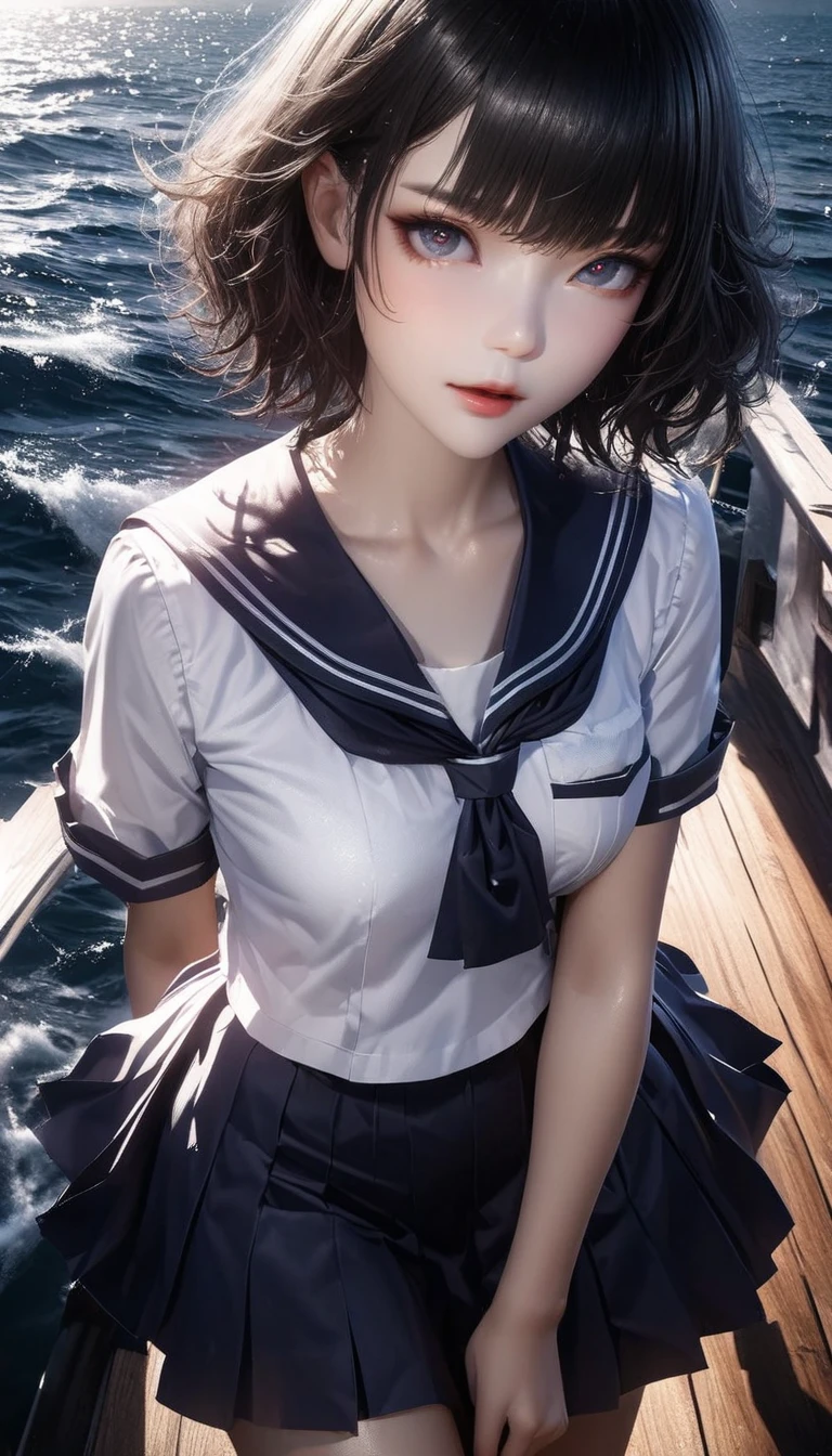 ((best quality, 8K, masterpiece :1.3)), 1. Innocent girl:1.3, (short hair,Sailor Suit,Beautiful breasts :1.2,Papillary process), Super mini skirt,Lace panties, Super detailed face, Beautiful eyes, Double eyelids,whole body,Cute face,(Sitting on the stone steps,Spread your legs),(Realistic face),(Realistic skin),Agent,Hips forward,Half are Japanese,Half are European,Sexy facial features