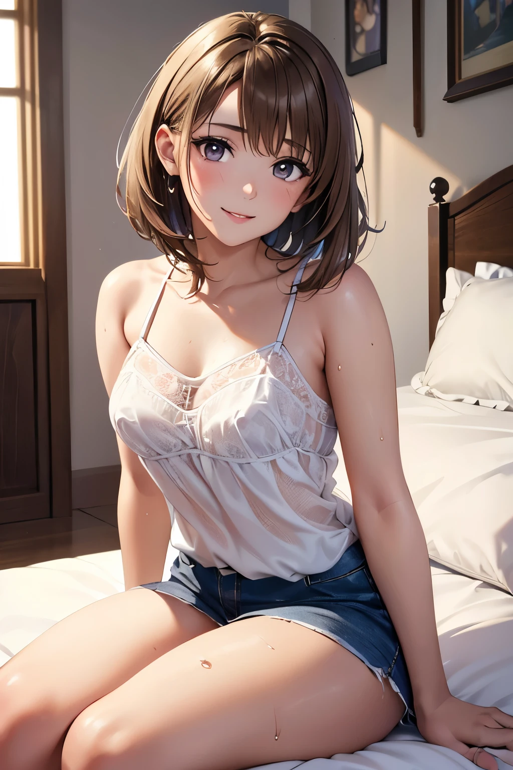 Shiny brown hair, short hair, (Beautiful brown eyes、Shining Eyes, fine grain)、smile、超Fine grain、Highly detailed face, Very Fine grain,Cowboy Shot、


((Best Quality, 8k, masterpiece: 1.3)), 
Beauty, Hide your face, 1 female, beautiful: 1.3, 
 Camisole, Clevis,short , (Sitting on the bed), 
 Highly detailed face, Highly detailed lips, Fine grain, Double eyelids, wet, sheer,