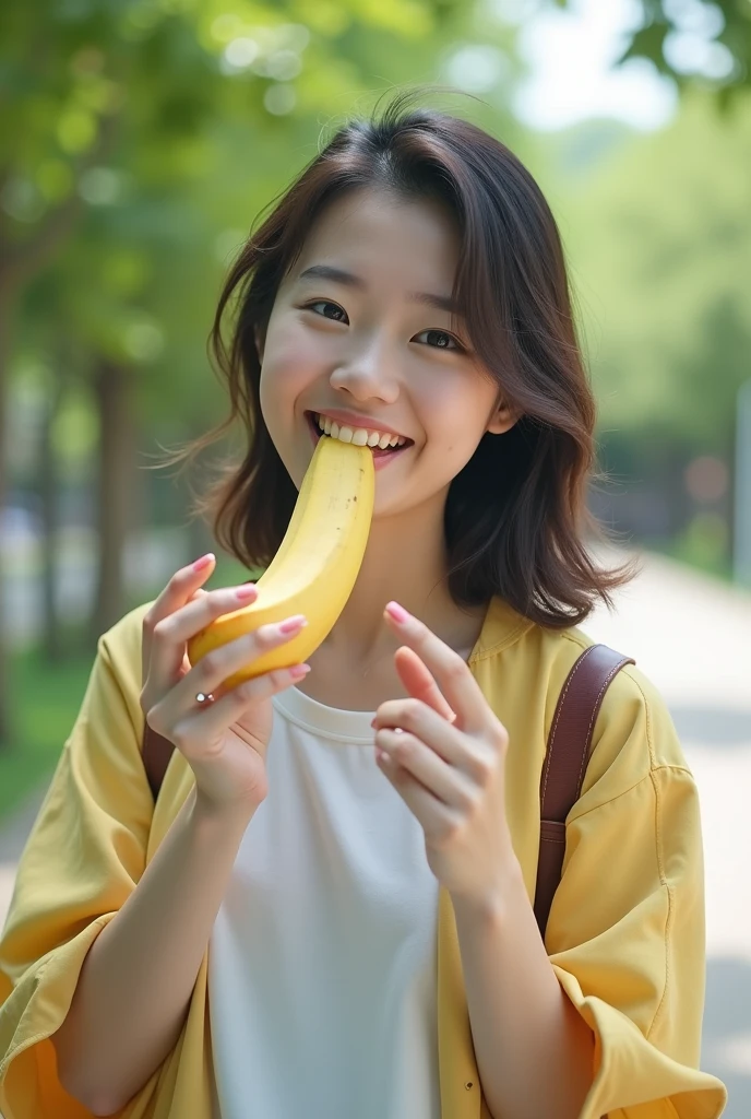 tmasterpiece,best qualtiy,A girl licks a banana