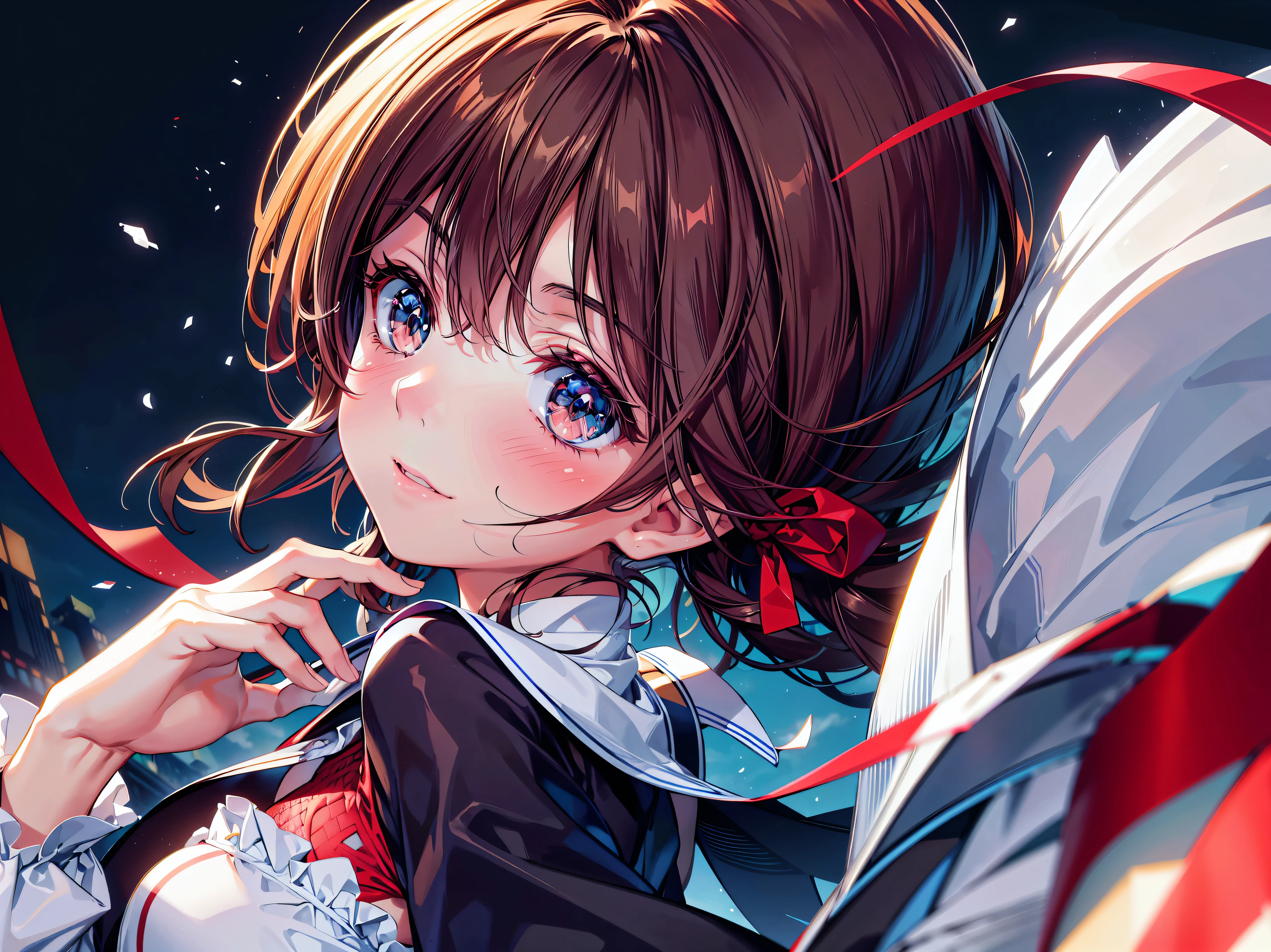 (((ultra detailed))), (((ultra resolution))), (((best quality))), solo girl, ((reaching arm)), asymmetry bangs, blue beautiful detailed eyes, red ribbon, hair ribbon, medium hair, brown hair, long sleeves, looking at viewer, (from side:1.3), from below, upper body, closed mouth, night, stars symbol, happy smile, face focus, red lips, particles effect, blurry background, depth of field,  (((anatomically accurate))), 