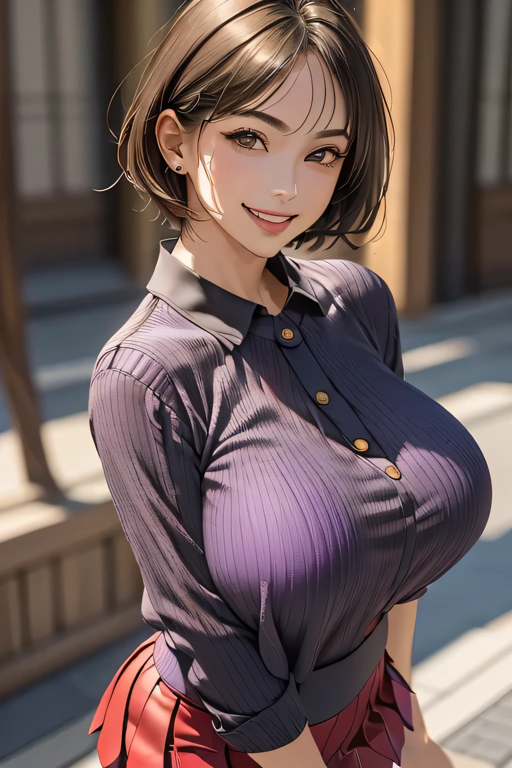 (1. The Ultimate Beauty), Very detailed face, beautiful brown eyes, Double eyelids, eyelash, grin. Slightly thick detailed lip, Black Short Hair, (Light purple blouse:1.2), (Red tight mini skirt:1.4), (huge breasts), A gentle smile, Thighs, Perfect lighting, (Realistic:1.4), (Very detailed), (Best Quality), (Best Shadow), (masterpiece), Ultra-high resolution, With background: ((Ginza Art Gallery, Tokyo))