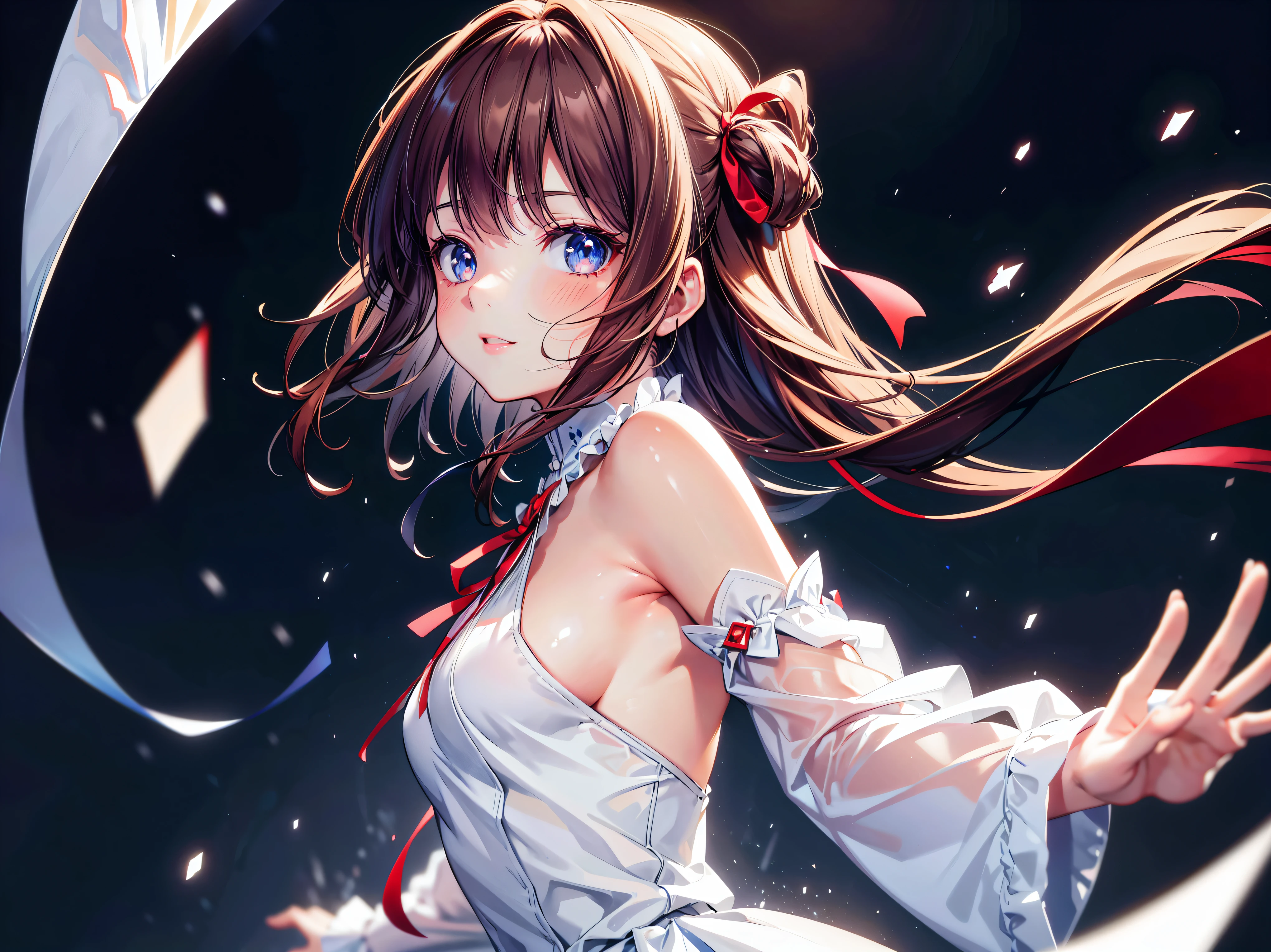 (((ultra detailed))), (((ultra resolution))), (((best quality))), solo girl, ((reaching arm)), asymmetry bangs, blue beautiful detailed eyes, red ribbon, hair ribbon, medium hair, brown hair, long sleeves, looking at viewer, (from side:1.3), from below, upper body, closed mouth, night, stars symbol, happy smile, face focus, red lips, particles effect, blurry background, depth of field,  (((anatomically accurate))), 