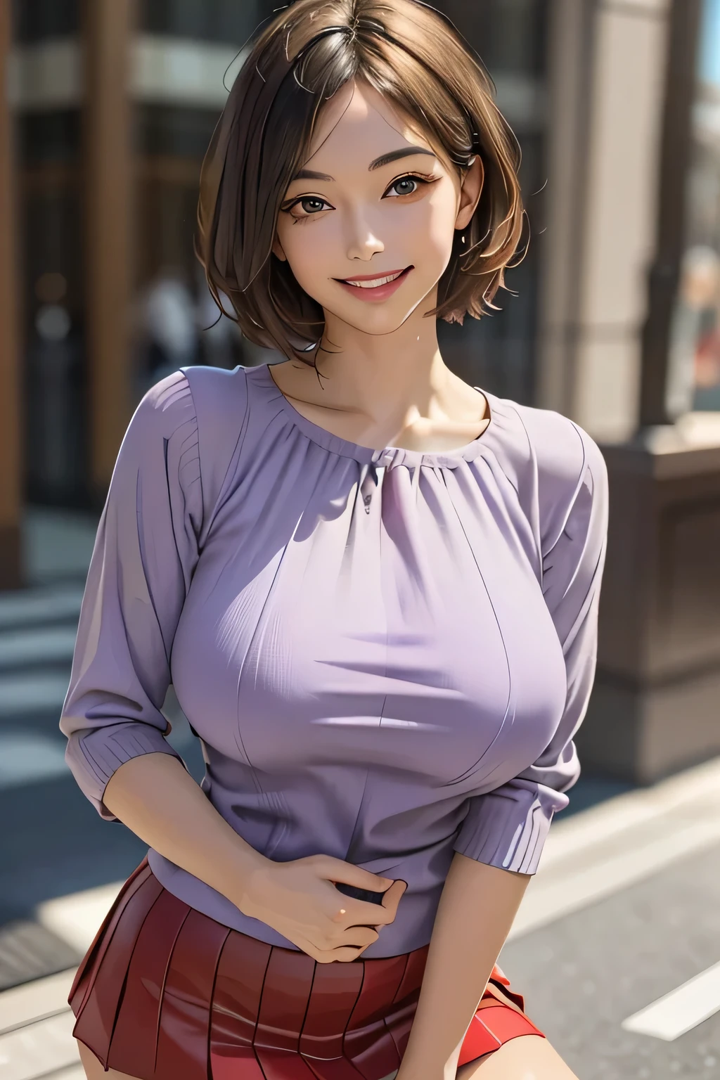 (1. The Ultimate Beauty), Very detailed face, beautiful brown eyes, Double eyelids, eyelash, grin. Slightly thick detailed lip, Black Short Hair, (Light purple blouse:1.2), (Red tight mini skirt:1.4), (huge breasts), A gentle smile, Thighs, Perfect lighting, (Realistic:1.4), (Very detailed), (Best Quality), (Best Shadow), (masterpiece), Ultra-high resolution, With background: ((Ginza Art Gallery, Tokyo))