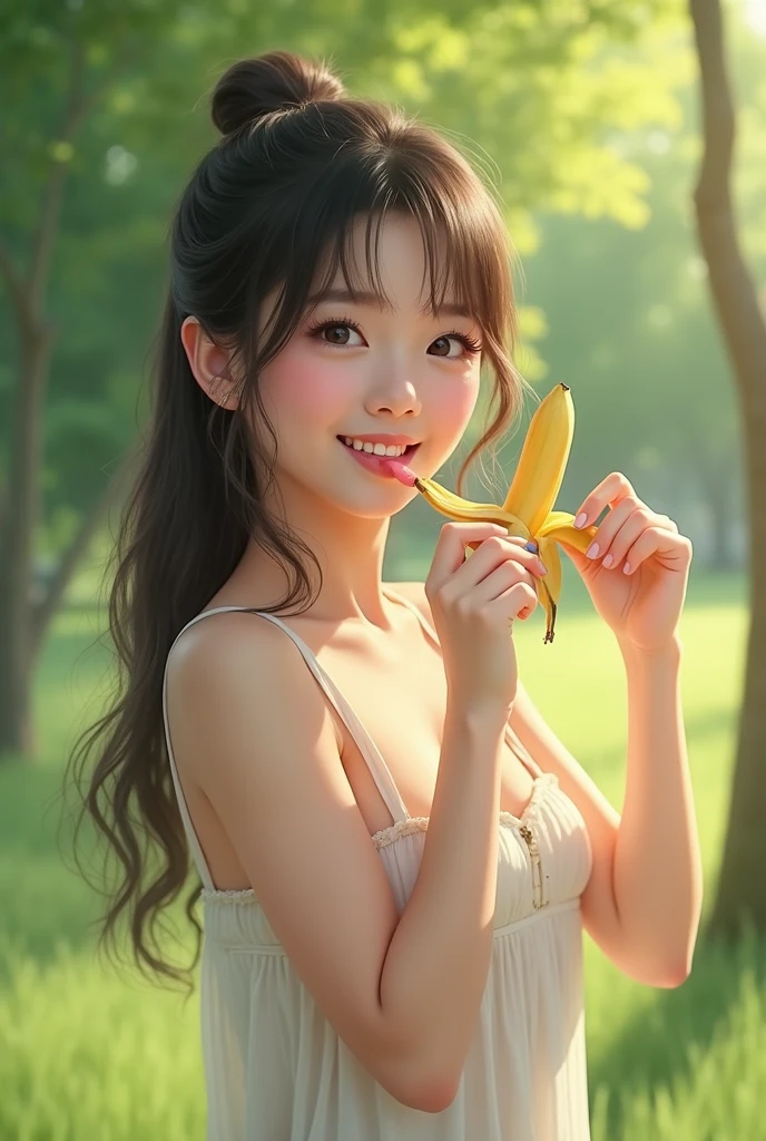 Masterpiece:1.9, ((super fine painting)), ((4k very detailed)), (((very high resolution))), top quality, expressive eyes, perfect face, girl ((beautiful girl: 1.9, petite:, small face, cute: 1.9,)), long hair ((blond hair, straight hair, bun hair, twin tail, hairpin)) (Japanese clothes, sunny, black, gold thread, gorgeous, flower pattern (higanbana, red),)) goddess, cheerful, shrine, night, moon, fair day, ((chocolate banana))),