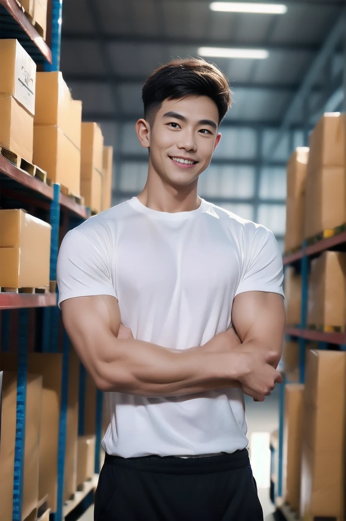 (armface:1.3) , Handsome young man standing and smiling, (have a mustache:0.8) , (Short hair:1.2), (High Neck Tight T-Shirt:0.8), (White shirt:1.3),Black pants, Big muscles, Handsome and muscular, Full body angle,(Blurred background:1.5),(warehouse:1.4),(short hair:1.4),(full_shot:1.2)