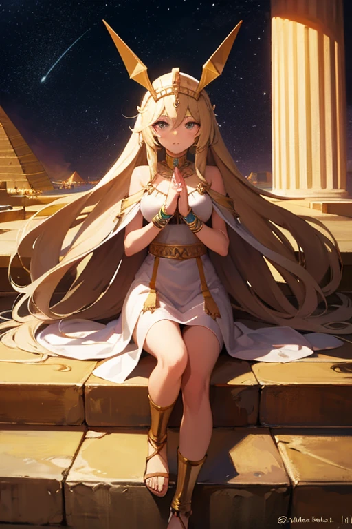 (high resolution, The pixels are perfect, luxurious illustration), (hyper qualit, Masterpiece, Ethereal: 1),(((solo:1))), Egyptian goddess,female pubic hair, small breasts,wet skin,long hair, ((Sexual suggestiveness)),Seductive smile, completely naked, Egyptian temple, light skin tone barefoot, completely naked, skinny body, temple baths, loli, blonde, solo