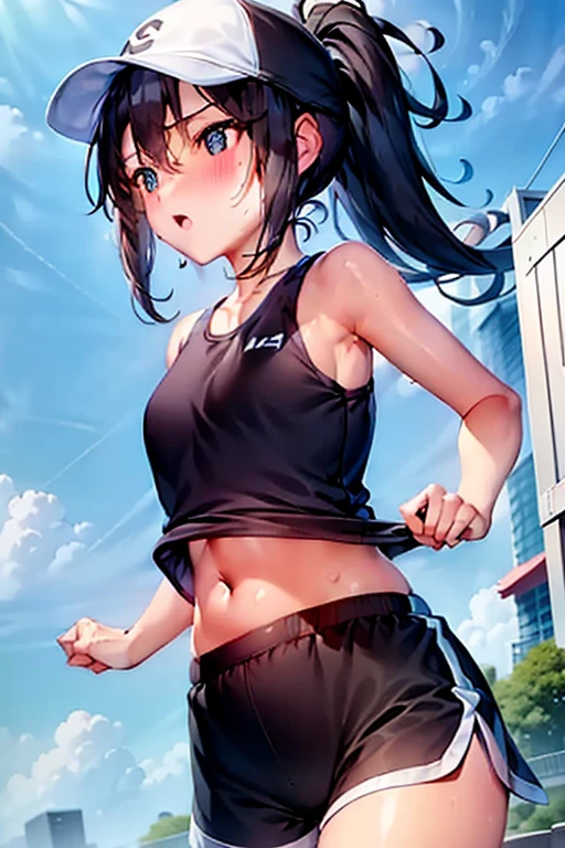 Teenager,1 beautiful girl、(blush:0.6),Heavy breathing,Sports underwear、Belly-baring tank top、Vertical belly button, Black dolphin shorts、running, ponytail、Sports Cap, Glowing Skin、Expressway