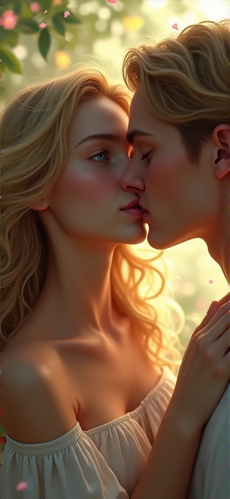 Naked blond boy kissing naked girl