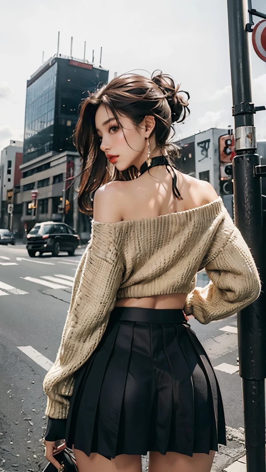 4K, RAW photo, best quality, masterpiece, ultra high resolution, (photorealistic:1.4), realistic,
(best quality, masterpiece:1.2), (extremely intricate, detail_face:1.2), (1girl, slim), full body, dynamic pose, dynamic angle, ((from behind)), (exhibitionism),
shibuya \(tokyo\), bus stop, bus stop sign,
(nsfw:0.8), ((only_sweater)), (off shoulder-sweater, crop top-sweater, long sleeves-sweater), ((low-rise)), (pleated skirt, miniskirt), choker, earrings, navel piercing,
light_on_face, black hair, shiny skin, (gigantic breasts), narrow waist, (thighs), thigh gap, realistic_fingers, whole_fingers, red lips, makeup, huge ass,