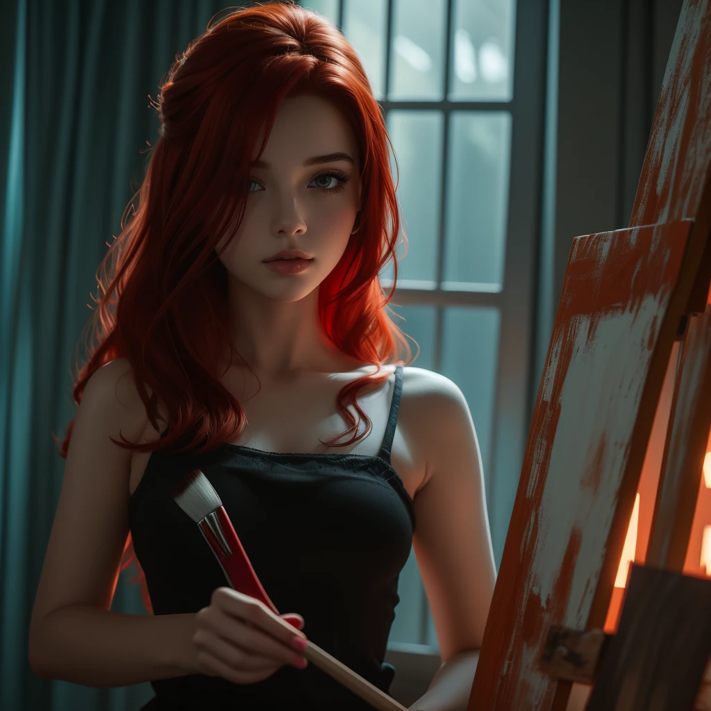 Painting of a woman with red hair, holding a brush and a palette, digital art by Victor Nizovtsev, Trends on Artstation, Digital Art, detailed painting 4 k, realistic cute girl painting, beautiful digital artwerke, fine art uhd 4k, Karol behind uhd, beautiful digital painting, beautiful digital painting, beautiful digital art, impressionism, 