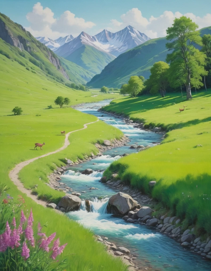 a bright realistic painting of a mountain stream running through a ...