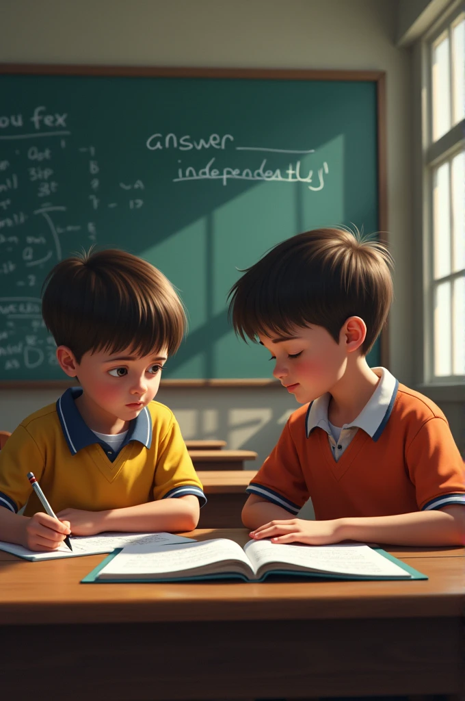 The boy sits in the classroom