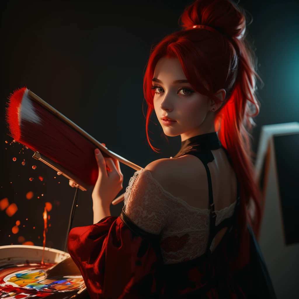 Painting of a woman with red hair, holding a brush and a palette, digital art by Victor Nizovtsev, Trends on Artstation, Digital Art, detailed painting 4 k, realistic cute girl painting, beautiful digital artwerke, fine art uhd 4k, Karol behind uhd, beautiful digital painting, beautiful digital painting, beautiful digital art, impressionism, 