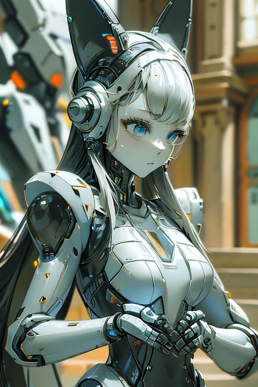 (masterpiece),(Highest quality),(Super detailed),(Best illustrations),(Best Shadow),(Absurd),(Detailed Background),(so beautiful), 16K, 8K, 4K,(Best Shadow),empty eyes,robotization,woman ,big bust,Robot Joint ,Metal skin,Black Suit,long hair,a black suit that covers the whole body,robot hand,cyber bodysuit,mecha head,cyborg eye,robotization, transforming into robot,(Detailed hands and fingers:1.2),plugging back head,robotic face