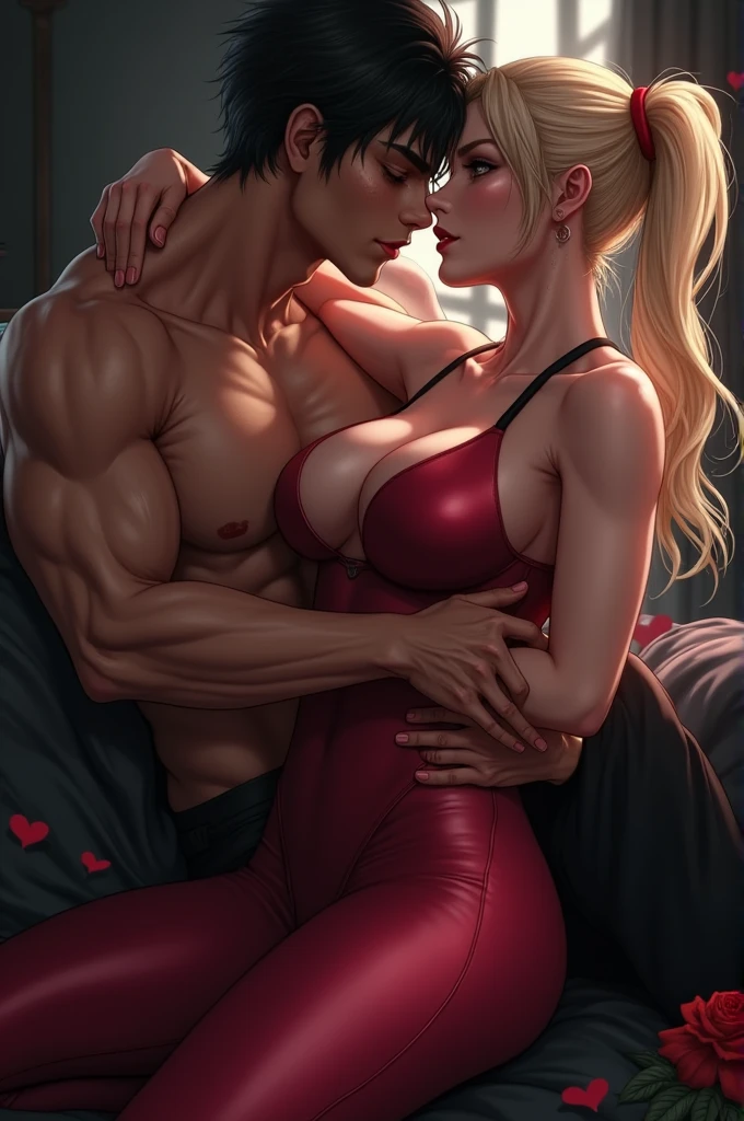 An attractive blonde man with chiseled features and rippling muscles embraces a stunning redheaded woman with a voluptuous figure and an hourglass shape. They are locked in a passionate embrace, their bodies glistening with sweat as they become one. The woman's large breasts press against the man's muscular chest, while his powerful arms hold her close. The scene is set in a Disney-style CGI environment, with vibrant colors and fantastical imagery surrounding them. Their expressions convey pure ecstasy, as if they are lost in their own world of pleasure.