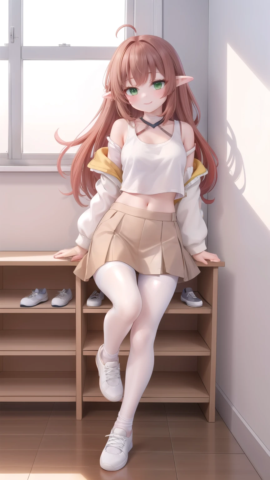 ((masterpiece)),(best quality),official art,extremely detailed CG,unity 8k wallpaper,ultra detailed,1girl,Alone,upper body,(portrait:1.2),long_hair,pointy_ears,ahoge,green_eyes,white_footwear,navel,skirt,shoes,smile,red_hair,midriff,white_jacket,off_shoulder,looking_at_viewer,long_sleeves,tank_top,grey_socks,brown_hair,sleeves_past_wrists,open_clothes,bangs,shirt,classroom，White sweatshirt，White pantyhose