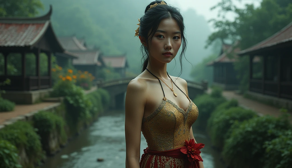 generate an indonesian lady wearing luxury tight bustier linen kemben, batik tight long skirt, short ponytail hair, shoulders, collarbone, slim waist, ((gigantic breast:1,9), washing cloths at the river, the aura is really beauty, make the picture looks so lovely, masterpiece, full body picture, hyperdetail, 8k, ambient effect, digital effect, nsfw, completly naked, nude, nipples