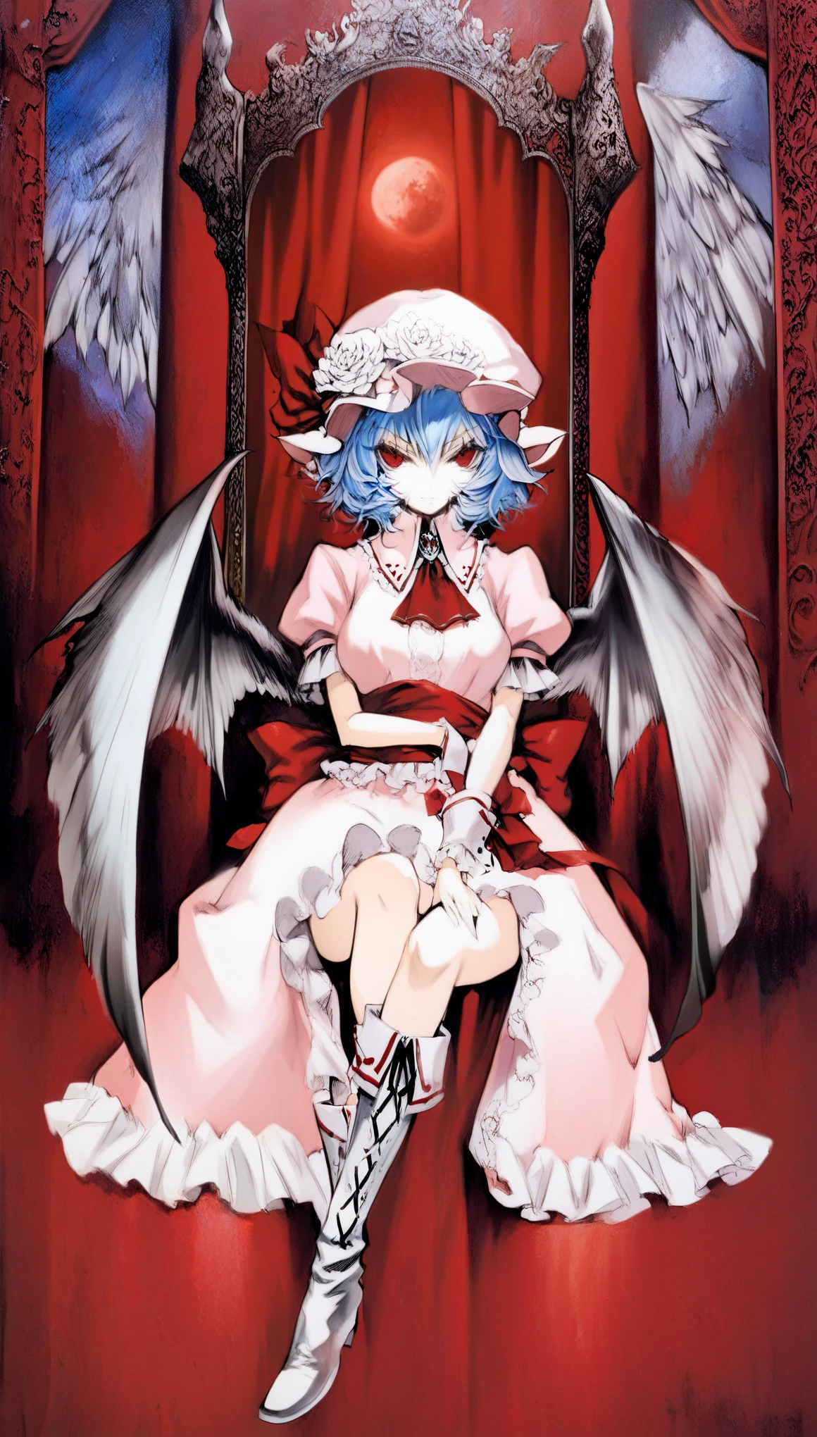 1girl, solo, ceiling, full body, crossed leg, sitting, royal throne, red carpet, red curtain, Window, red full moon, red night sky, Gloomy painting style, traditional media,
Anime Girls, remilia scarlet, blue hair, dress, frills, hat, hat ribbon, mob cap, pink dress, puffy sleeves, red ascot, red eyes, red sash, ribbon, sash, short hair, short sleeves, white dress, wings, wrist cuffs, knee boots, 
Score_9,Score_8,score_7_up, source_anime, rating_questionable,