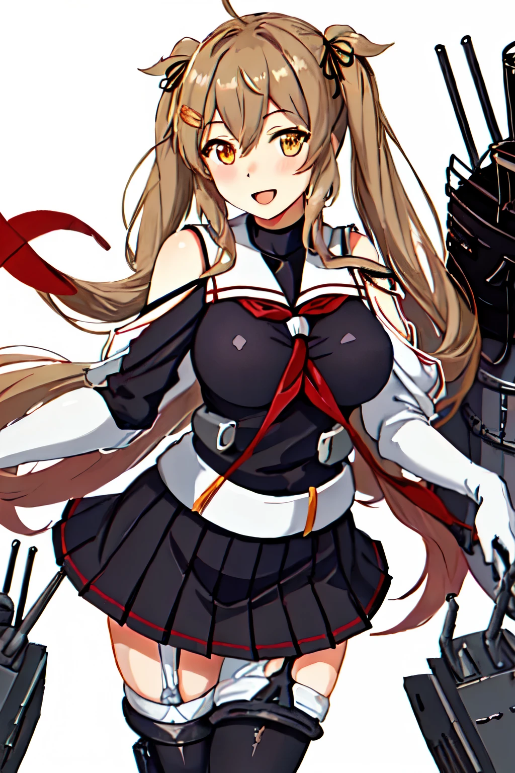 Best Quality, masterpiece, High resolution, Alone, (Murasame Kai Ni_Kantai Collection:1.15), 長いhair, ライトブラウンhair, Yellow Eyes, Red Eye, ribbon smile, Seraphim, hair_ribbon(Black Sailor Suit), (White sailor collar), chest, Twin tails, Two_side_up, hair_flap, hair_ornament, One girl, School uniform, neckerchief, open_mouth, 赤neckerchief, White background