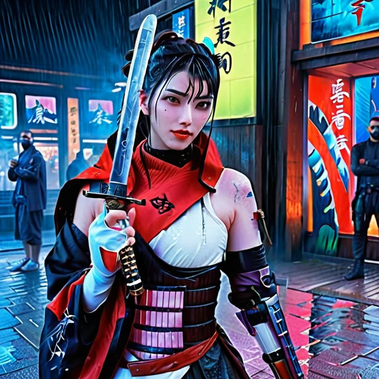 Anime girl with sword in the rain with other people in the background, very beautiful Cyberpunk Samurai, Cyberpunk Samurai, portrait of a Cyberpunk Samurai, Badass Anime 8K, Modern Cyberpunk Anime, [anime cyberpunk art, [anime cyberpunk, female cyberpunk, cyberpunk anime art, Voight Fuchs, Cyberpunk Geisha, Hyperrealistic cyberpunk style, Digital Cyberpunk - Animation Art, digital cyberpunk anime art