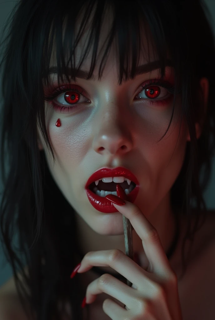 a woman vampire, lick blood from hands, Underworld Selena, pale fair skin, chiaroscuro, cinematic lighting, UHD, best quality, textured skin, high details, anatomically correct, ccurate, 8k